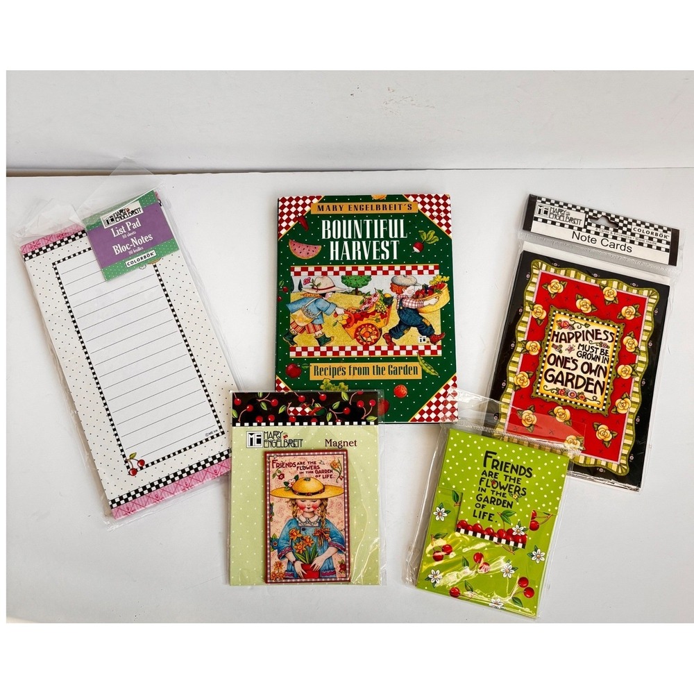 Mary Engelbreit Stationery Set Recipe Book Note Cards List Pad Magnet Garden 5pc